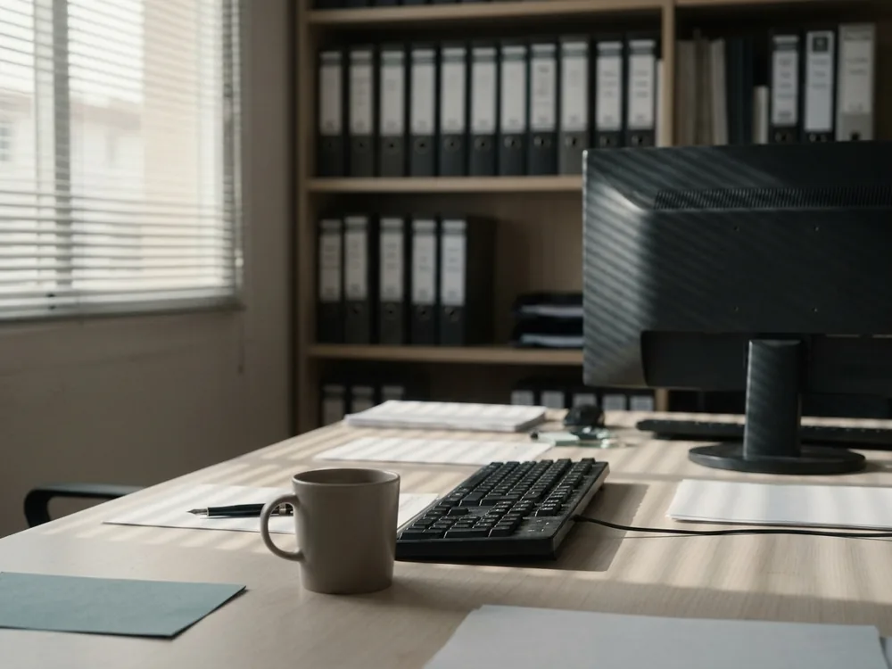 An accountant’s office, with paper files and a screen in the background